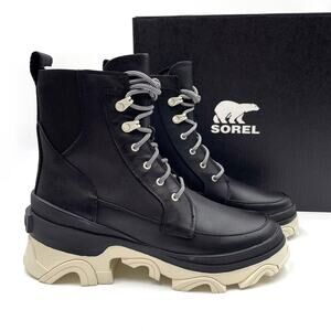 Sorel Brex Boots Black Chalk Lace Up Leather Waterproof Lug Chunky Sz 8.5